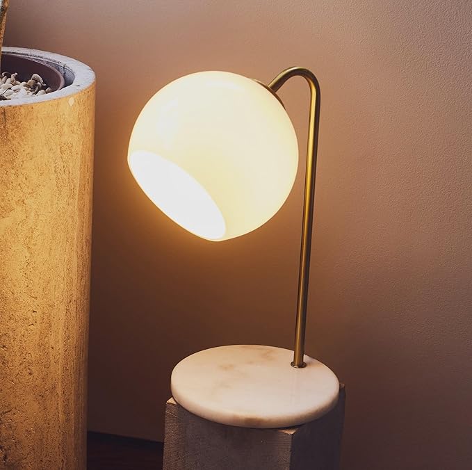 Brightech Krystal LED Table Lamp, Frosted Glass Globe Arcing Living Room Lamp, Mid-Century Modern Standing Lamp for Living Rooms, Boho Rustic Indoor Table Lamp for Bedrooms & Offices - Brass