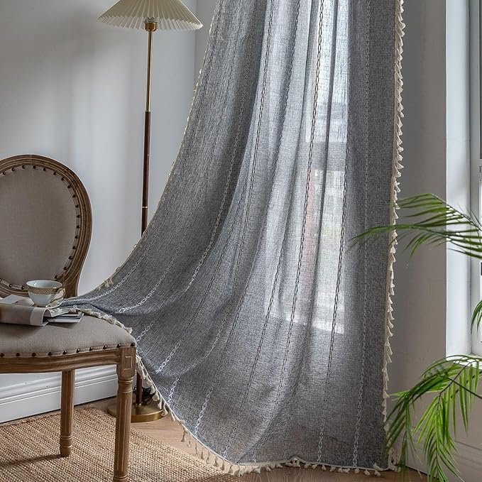Sutuo Home Boho Curtain for Bedroom Living Room Kitchen, Semi Blackout Linen Farmhouse Shabby Chic Tassels Window Treatment Bohemian Embroidery Drape, Rod Pocket 1 Panel 52" W x 96" L, Black Grey
