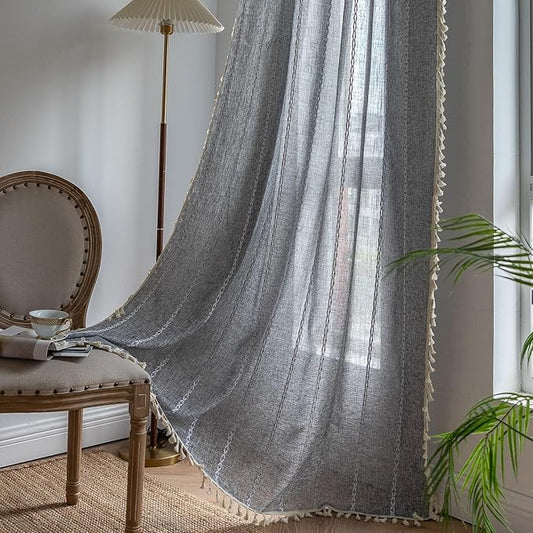 Sutuo Home Boho Curtain for Bedroom Living Room Kitchen, Semi Blackout Linen Farmhouse Shabby Chic Tassels Window Treatment Bohemian Embroidery Drape, Rod Pocket 1 Panel 52" W x 96" L, Black Grey