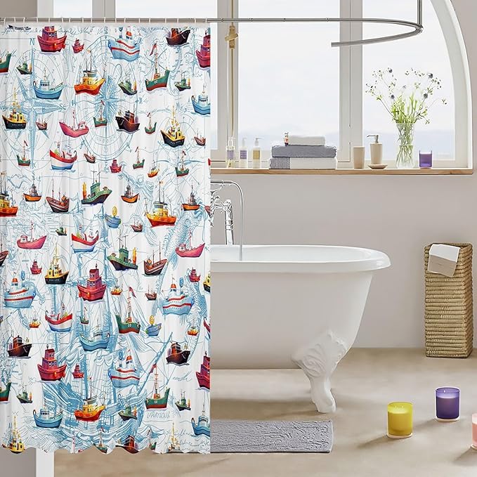 Feelyou Sailboat Printed Shower Curtain 72"x72" Kids Nautical Decor Bathroom Shower Curtain Set for Boys Girls Teens Ocean Marine Themed Bath Curtain Sea Adventure Bathroom Accessories