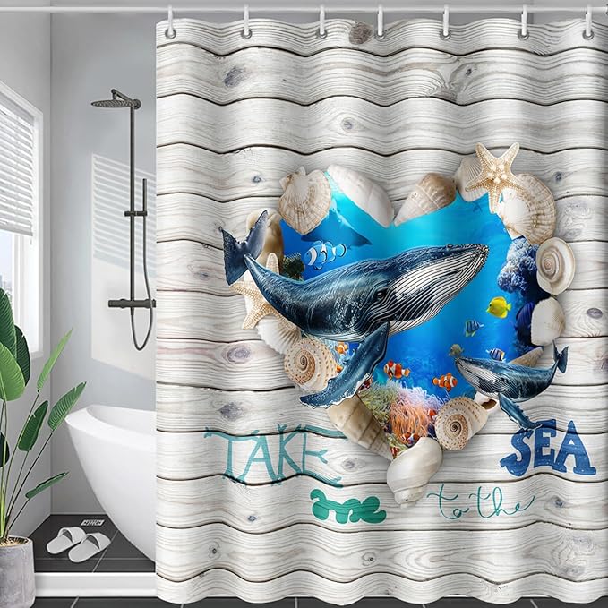AILONEN 3D Printed Whale Shower Curtain, Ocean Sea Animal Wooden Style Bathroom Curtain,Shell Coast Whale Bath Curtain,72" W*96" H Polyester Waterproof Bathroom Curtain with 12 Hooks