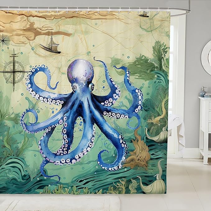 Feelyou Octopus Print Shower Curtain 72"x84" Kids Sailboat Printed Bathroom Shower Curtain Set for Boys Girls Teens Ocean Themed Bath Curtain Marine Life Sealife Bathroom Accessories