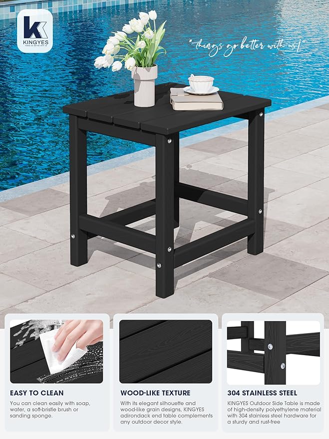 KINGYES Adirondack Side Table, Patio Outdoor Rectangular End Table, Black