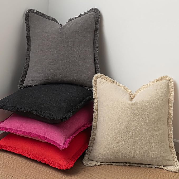 MIULEE Decorative Lumbar Throw Pillow Covers Neutral Linen Fringe Throw Pillows Set of 2 Hot Pink Boho Farmhouse Cushion Covers for Couch Sofa Bed Living Room Spring Home Decor 12x20 Inch