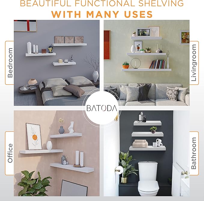 BATODA Set of 2 17" White Floating Shelves Wall Mounted for Bathroom – Wooden Decorative Wall Bookshelf - Storage Shelf Organizer for Home, Bedroom, Kitchen - Black Bracket, Shelving Mounting Included