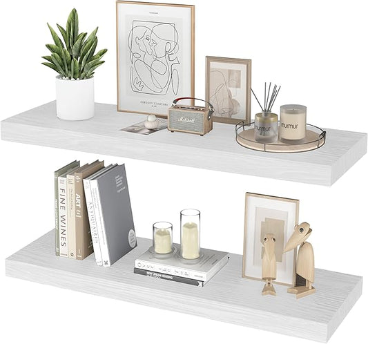 Floating Shelves for Wall - 36 x 9 Inch Wood Shelves for Bathroom, Bedroom, Kitchen Decor, Farmhouse Decor Set of 2, White