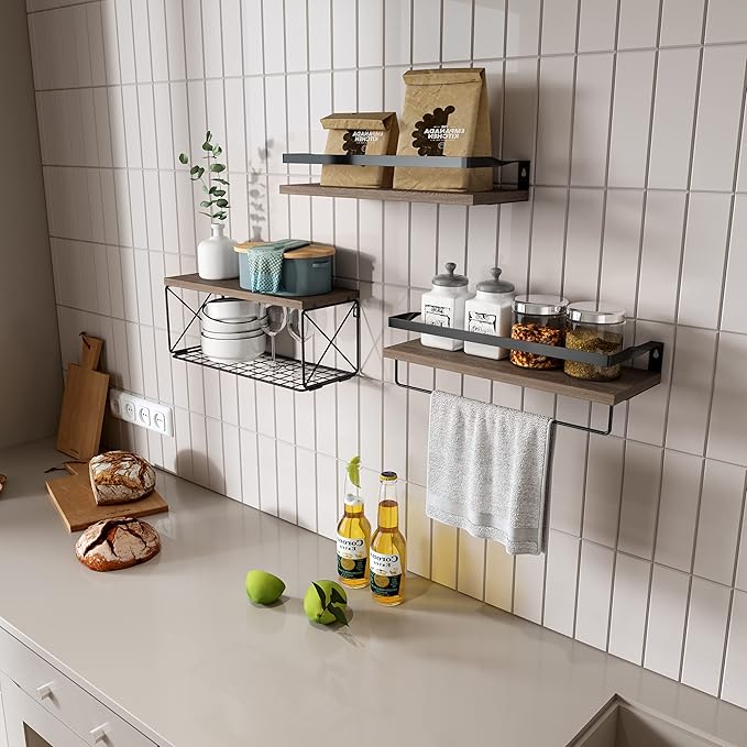 Floating Shelves Wall Mounted, Rustic Wood Bathroom Shelves Over Toilet with Paper Storage Basket, Wall Shelves for Wall Decor, Bedroom, Living Room, Kitchen and Washroom