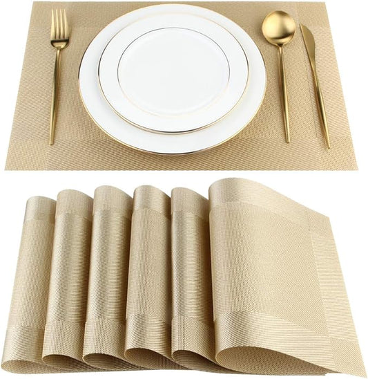 DACHUI Placemats Set of 6, Stylish Woven Place Mats for Dining Table, Washable & Durable PVC Table Mats (Gold)