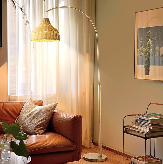 Brightech Lark Arc Lamp for Living Rooms & Offices, Floor Lamp with Unique Hanging Wicker Shade, Standing & Tall for Bedroom Reading, Matches Boho and Other Living Room Decor, Brass