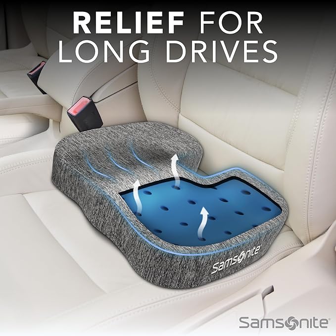 SAMSONITE, Gel-Infused Memory Foam Seat Cushion with Enhanced Airflow Design for Cooling Experience, Fits Most Office Chairs and Car Seats, Supportive Sitting Pillow for Orthopedic Comfort…