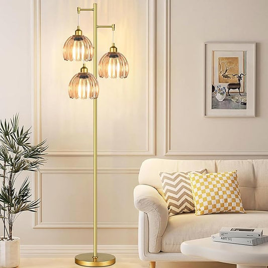 Gold Floor Lamp for Living Room Bedroom,3 Lights Mid Century Modern Floor Lamps with Flower Glass Shades,68IN Tall Standing Lamp with Bulbs,Vintage Tree Floor Lamp for Corner Office Reading