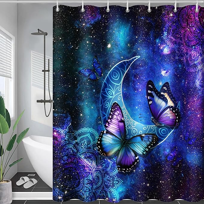 AILONEN Butterfly Shower Curtain, Mystic Moon Cloth Bath Curtain Set for Teen Adults Bathroom,Beautiful Purple Butterfly Starry Night Shower Curtain Liner,48" W*72" H