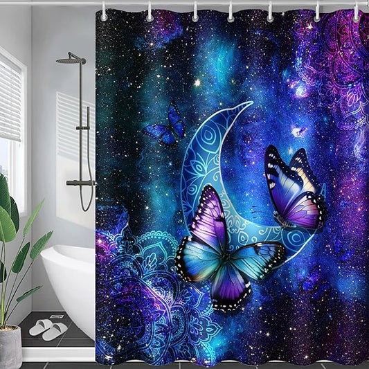 AILONEN Butterfly Shower Curtain, Mystic Moon Cloth Bath Curtain Set for Teen Adults Bathroom,Beautiful Purple Butterfly Starry Night Shower Curtain Liner,72" W*96" H