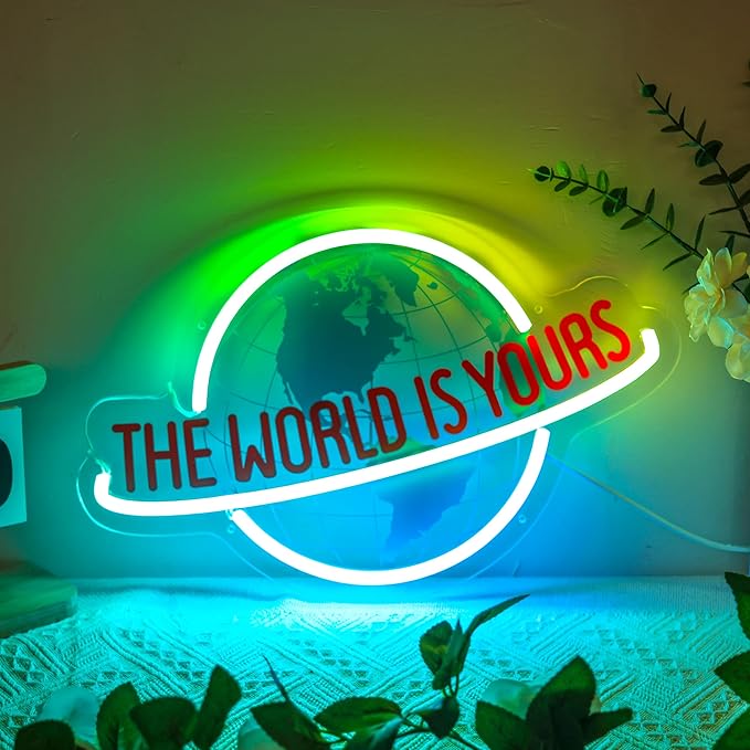 The World is Yours Neon Sign, Remote Planet LED Neon Light Lamp for Wall Decor, USB Power for Man Cave Home Bar Bistro Club Cafe Wedding Game Room Bedroom Birthday Gift Graduation Party (Multicolor)