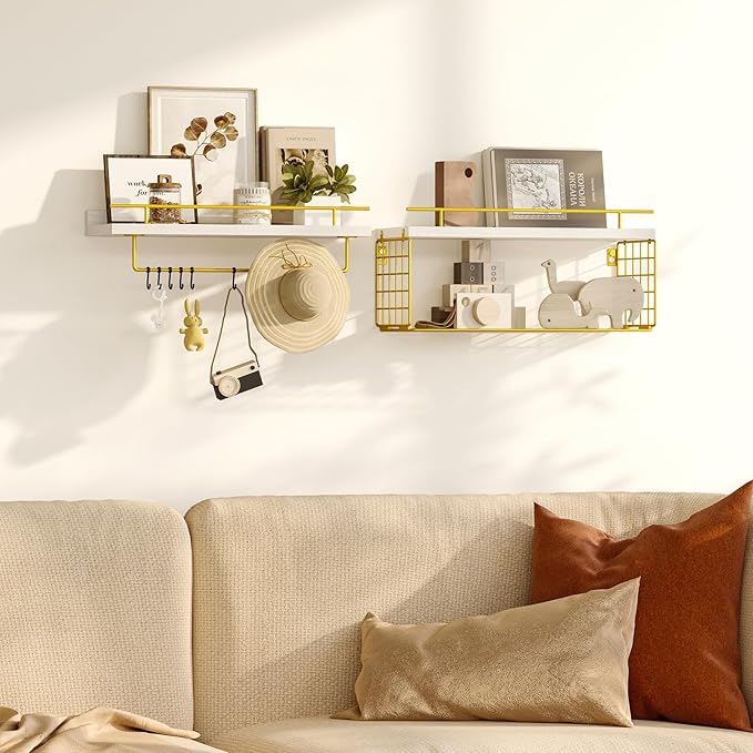 Fixwal 3-Tier Floating Shelves for Wall, Bathroom Shelves with Towel Rack & Wire Storage Basket, Modern White & Gold Shelves, 20 lbs Weight Capacity