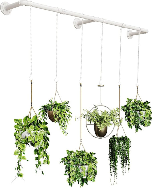 Plant Hanger Indoor, Hanging Planters for Indoor Plants with 6 Hanging Chains, Wall Plant Hanging Rod for Window Ceiling, 65 Inch, Metal/White, Pots Not Included