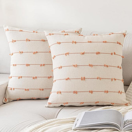 Boho Throw Pillow Covers 16x16 Set of 2 Modern Farmhouse Decorative Cushion Case Tufted Square Pillows Cover Neutral Pillow Cases Accent Pillowcase for Sofa,Couch,Bed,Beige and Pink