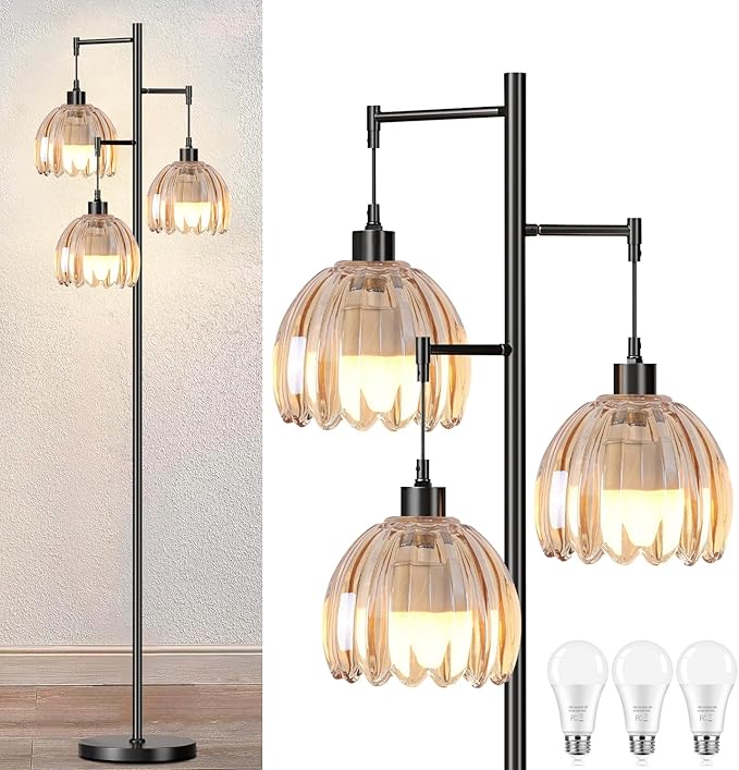 Gold Floor Lamp for Living Room,Bedroom,Tree 3 Light Standing Lamp Mid Century Modern Brass Tall Floor Lamps Vintage Retro Floor Lights Glass Flower Amber Lamp Shade Farmhouse Boho Bohemian
