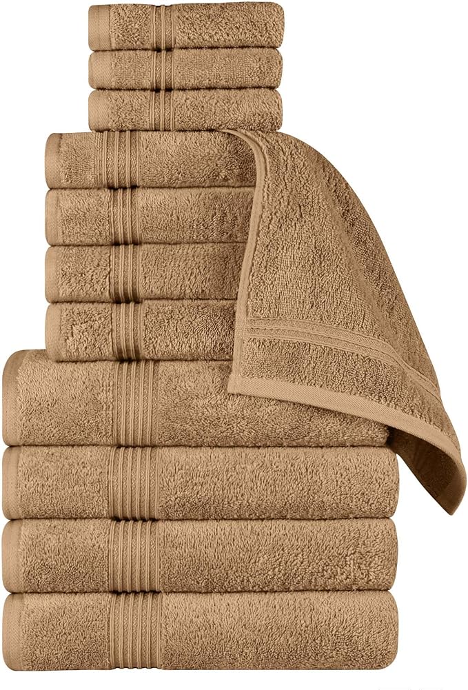 Superior Egyptian Cotton 12-Piece Towel Set, Assorted Towels for Home Bathroom, Guest Bath Decor Essentials, Includes 4 Bath, 4 Hand, 4 Face Towels/Washcloths, Quick Dry, Absorbent - Toast