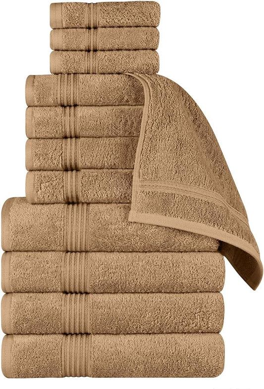 Superior Egyptian Cotton 12-Piece Towel Set, Assorted Towels for Home Bathroom, Guest Bath Decor Essentials, Includes 4 Bath, 4 Hand, 4 Face Towels/Washcloths, Quick Dry, Absorbent - Toast