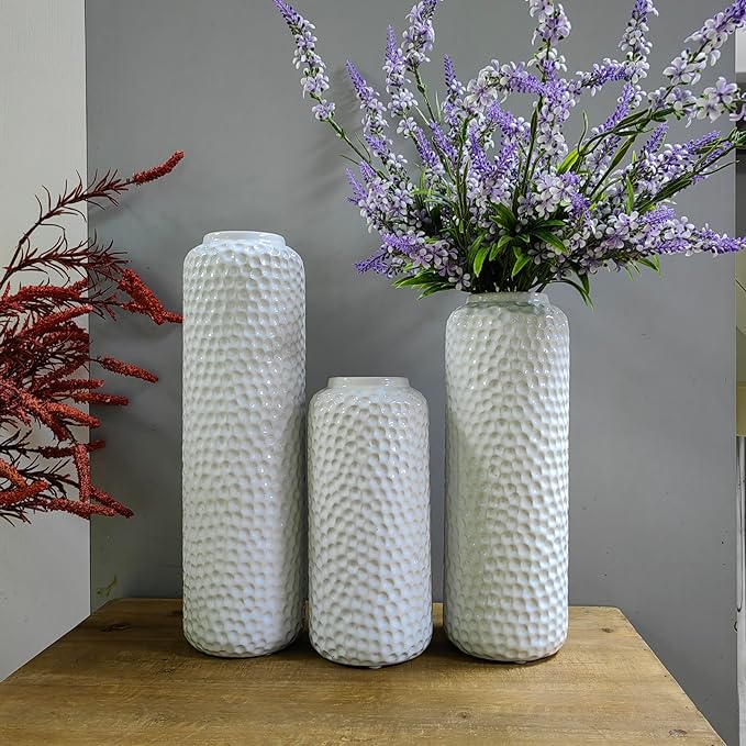 Hosley Set of 3 White Ceramic Honeycomb Vase Tall 12 Inch Medium 10 Inch Short 8 Inch High Each. Ideal Gift for Wedding Special Occasion Dried Floral Arrangements Home Office Spa