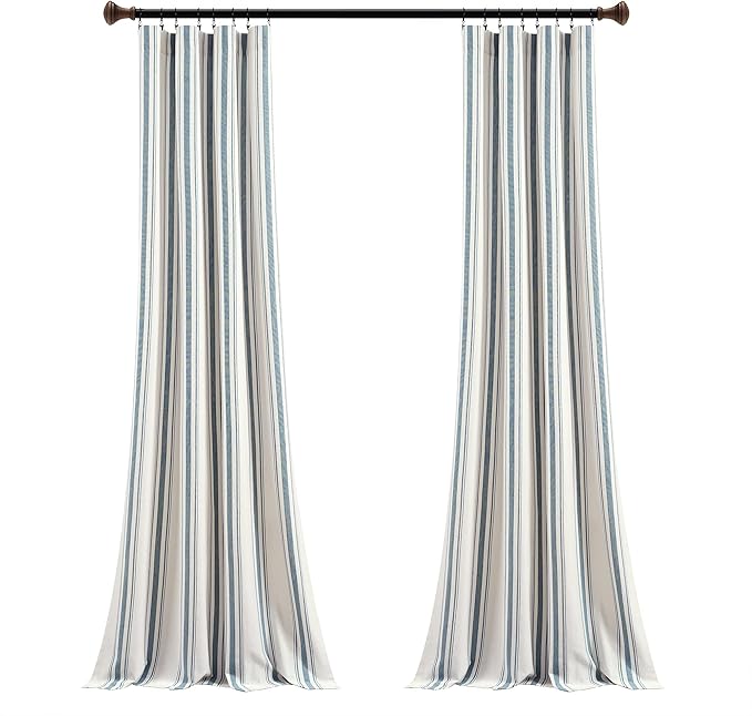 Lush Decor Farmhouse Stripe Yarn Dyed Cotton Window Curtain Panel Pair, 42" W x 84" L, Blue - Classic Modern Rustic Charm - Eco Friendly Cotton Fabric, Rod Pocket, Farmhouse stripe