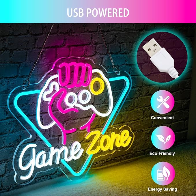 Game Zone Neon Sign Dimmable Gamer Neon Signs Gaming Led Signs for Game Room, USB Powered Colorful Neon Gaming Signs for Boys Room, Teen Room, Gifts for Gamer(15.3”x12.5”)