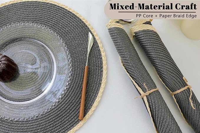 Noctiflorous Round Braided Placemats Set of 4 Table Mats 15 Inches Washable Heat Resistant for Dining Table Non-Slip Indoor Outdoor Place Mats for Easter(01 Charcoal Grey 4)
