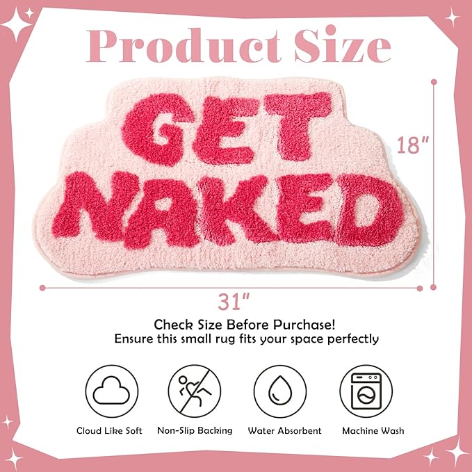 Irregular Shaped Get Naked Bath Mat Pink - Fun Bath mat, Small Preppy Bathroom Decor, Funny Aesthetic Bathroom Rugs for Apartmen Decor, Non-Slip Hot Pink Bath Rugs for Girls 31" x 18"