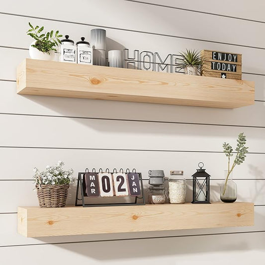 Wall Floating Shelves, Rustic Wood Shelf for Wall Mounted - Wooden Handmade Shelves for Bathroom Kitchen Livingroom - No Stain - DIY(Unfinished, 36 Inch - 2 Pack)