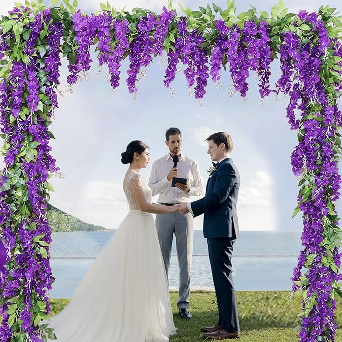 Wisteria Artificial Flowers Garland, 4Pcs Total 28.8ft Silk Faux Wisteria Vine Kit, Hanging Flower Plant for House Outdoor Garden Ceremony Outside Wedding Arch Floral Decor (4, Purple)