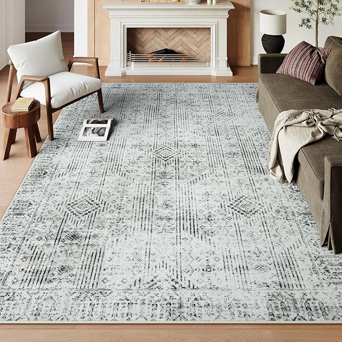 Lahome Farmhouse Washable Rug 8x10, Gray and Beige Dining Room Rugs for Under Table, Diamond Stain Resistant Large Carpets for Bedroom Office Living Room