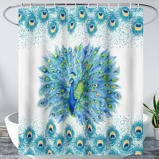 AILONEN Peacock Shower Curtain for Girls,Beautiful Green Peacock Bath Curtain for Kids Women,Peacock Feather Print Waterproof Shower Curtain for Bathroom Decor with 12 Plastic Hooks, 72" W*96" H