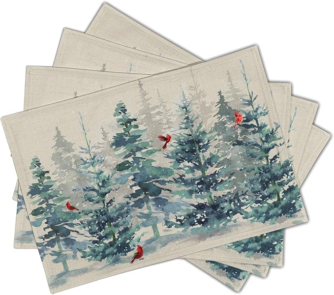 Winter Forest Tree Placemats Set of 4，Pine Tree Christmas Red Bird Heat Resistant Non Slip Place Mats Cotton Linen Tablemats for Dining Table Kitchen Decor 18 x 12 Inch