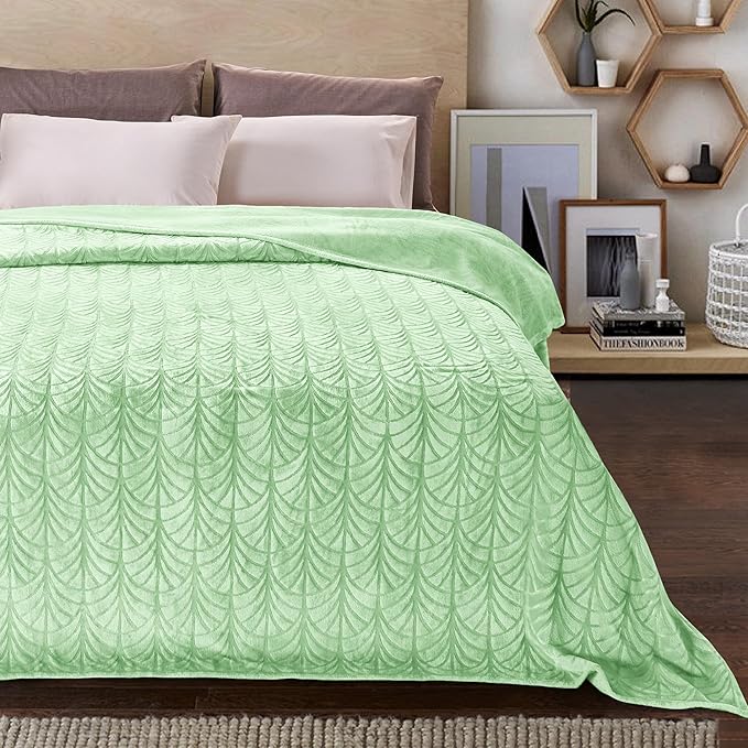 Whale Flotilla Flannel Fleece Queen Size Blanket for Bed, Soft Fluffy Velvet Bedspread Coverlet with Decorative Vintage Pattern for All Season, Warm and Lightweight, 90x90 Inch, Light Green