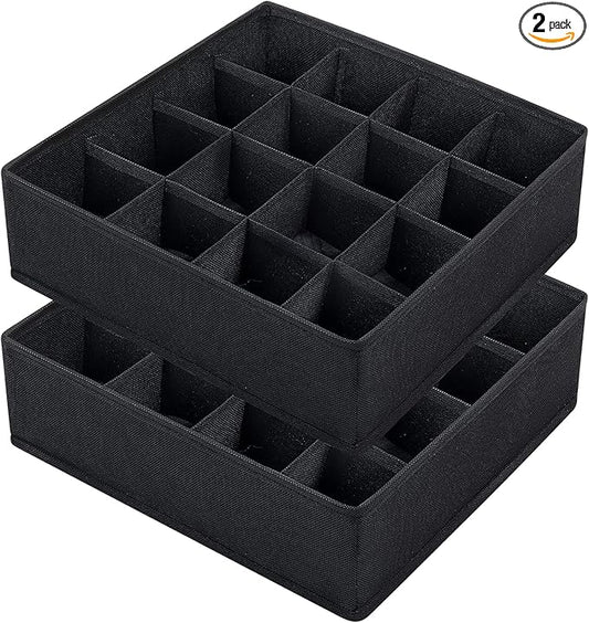 Joyoldelf Sock Drawer Organizer Divider, 16-cell Underwear Organizers and Storage Fabric Drawer Organizer for Socks, Lingerie, Handkerchiefs, Ties Black, 2 Packs