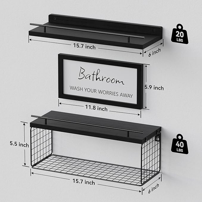 WOPITUES Floating Shelves for Bathroom Wall Decor Sign, Bathroom Organizers and Storage, Bathroom Shelves Over Toilet with Metal Guardrail-Black