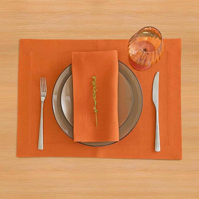 Solino Home Linen Placemats Set of 4 - Persimmon Orange Placemats 14 x 19 Inch - 100% Pure Linen Table Place Mats for Summer, Fall - Fete