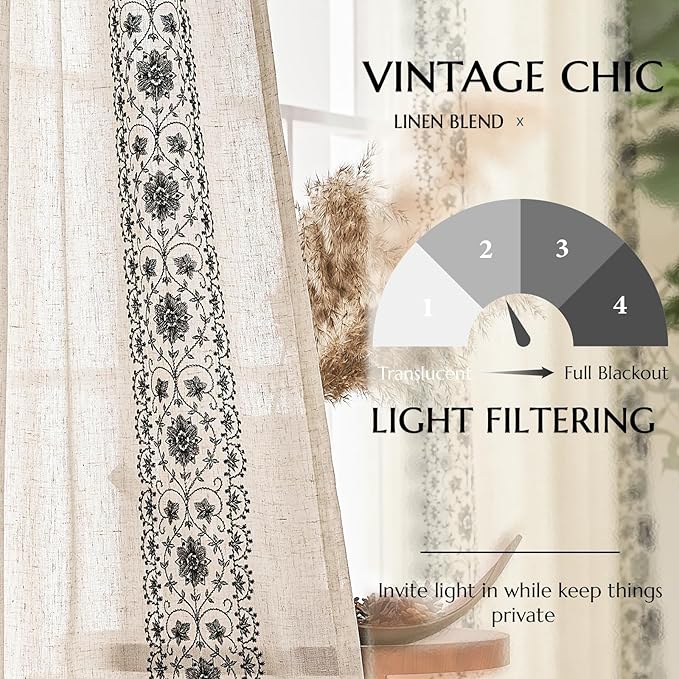 jinchan Boho Curtains for Living Room Black Vintage Floral Farmhouse Curtains 84 Inches Long Linen Blend Drapes for Bedroom Embroidered Light Filtering Drapes Rod Pocket Black on Beige 2 Panels