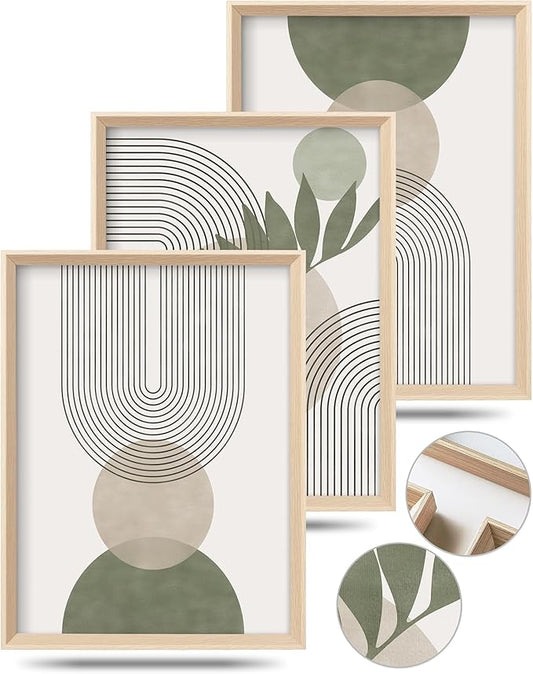 HesenDot Boho Sage Green Framed Wall Art, 12x16in High Framed Design Canvas Prints Wall Decor,Minimalist Abstract Green Poster Home Decoration for Living Room Bedrrom Gallery Office,Set of 3