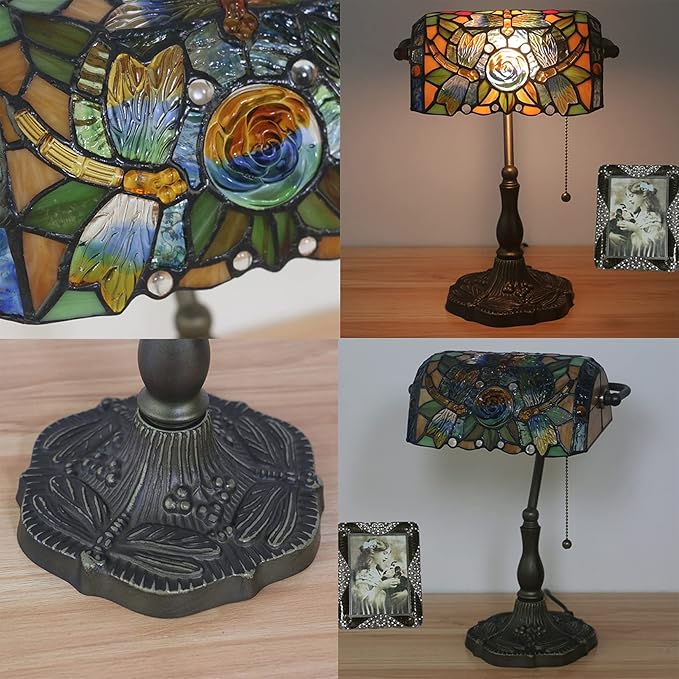 Tiffany Style Bankers Table Lamp Stained Glass Piano Desk Lamp Vintage Bedroom Bedside Lamp for Study,Antique Alloy Base,Zipper Switch,Dragonfly b