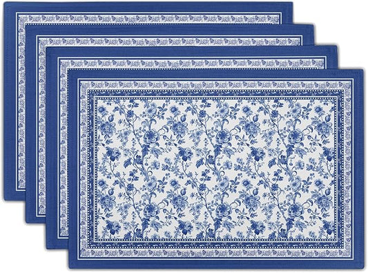 Blue Floral Branches Placemats Set of 4 ，12 x 18 Inch Chinoiserie Table Mats Washable Heat Resistant Linen Fabric Rectangle Place Mat for Indoor Outdoor Kitchen Dining Home Decor