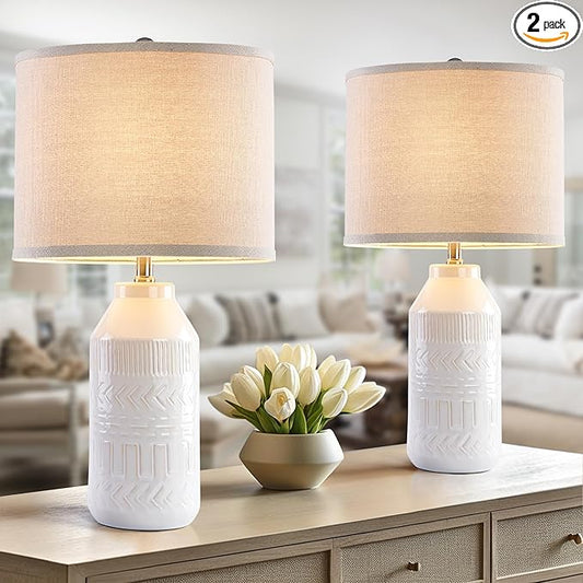 Maxax 24" Set of 2 White Table Lamps for Living Room, 3 Way Dimmable Farmhouse Ceramic Bedside Lamp for Bedroom End Table Lamps, ETL Listed