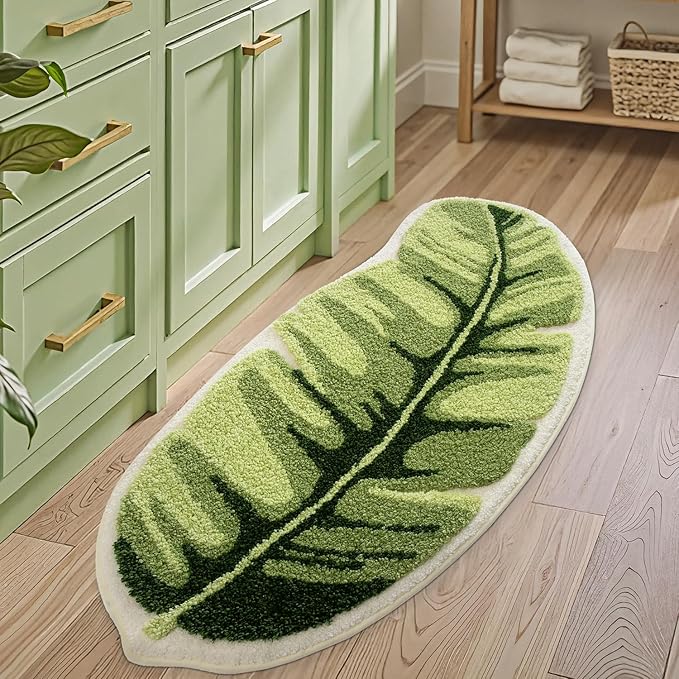 LUMI Cute Bathroom Rugs with Green Leaf Plant, Soft, Fluffy, Plush, Absorbent, Quick Dry, Non Slip, Machine Washable for Shower Floor, Bathroom, Bedroom,Kids Room, 19.5"x39.5", Palm Leaf
