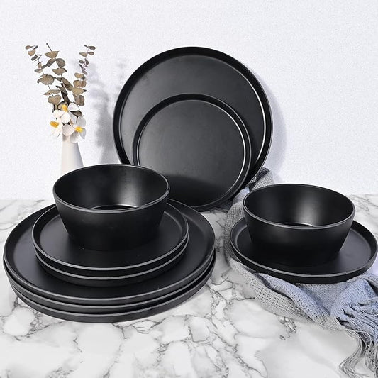 Dinnerware Sets 12 pcs, Melamine Plates and Bowls Sets, Matte Black, Plate Set for 4, Indoor and Outdoor use, Dishwasher Safe
