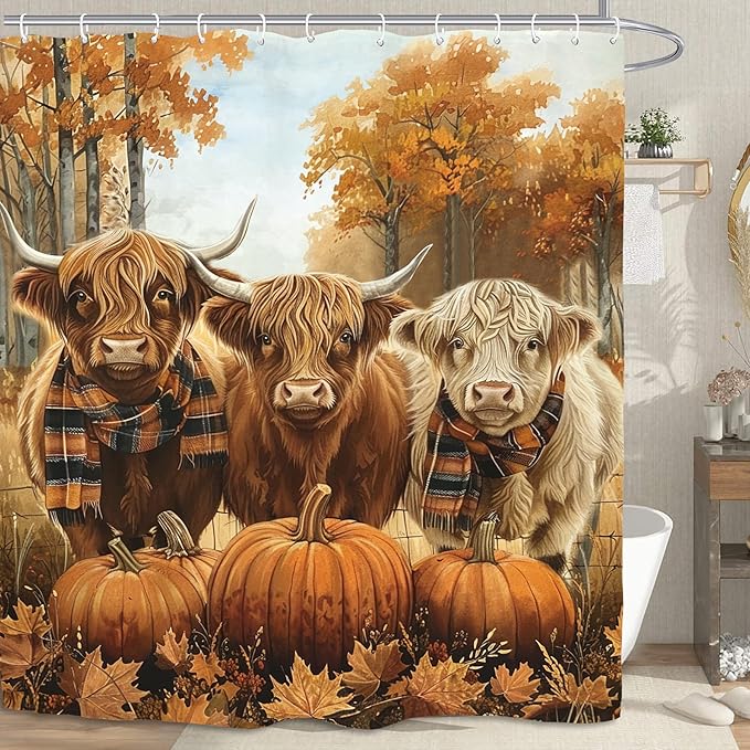 Autumn Highland Cow Shower Curtain 60Wx72L Inch Fall Bull Pumpkin Harvest Maple Orange Animal Thanksgiving Funny Seasonal Bathroom Set Accessories Decor with 12 Pack Hooks