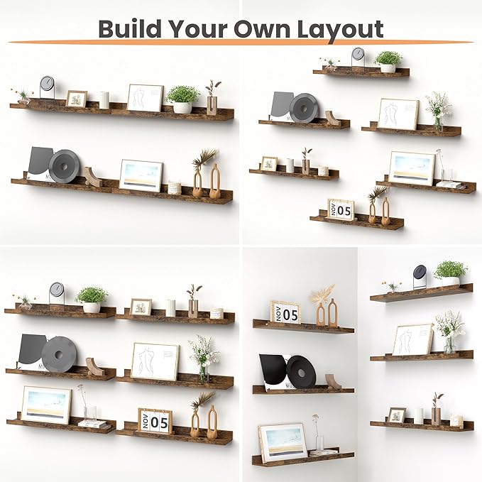upsimples Floating Shelves for Wall, Wall Shelves for Decor Storage Set of 6, Wall Mounted Wood Shelves for Bedroom, Living Room, Bathroom, Kitchen, 23.6 inch Long Picture Ledge Shelves, Brown