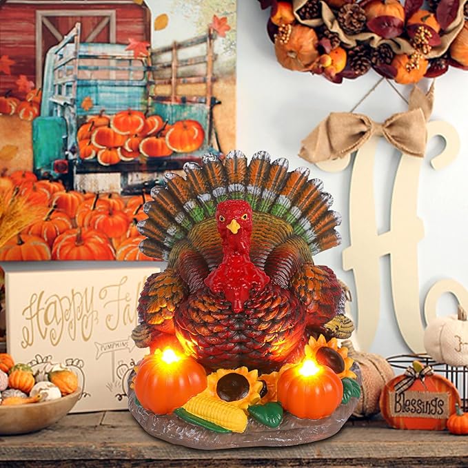 Thanksgiving Turkey Decorations Indoor Resin Turkey Figurines with 2 Pumpkin Electric Candlesticks Fall Harvest Table Decor for Home Office Shelf Kitchen - Thanksgiving Autumn Gift
