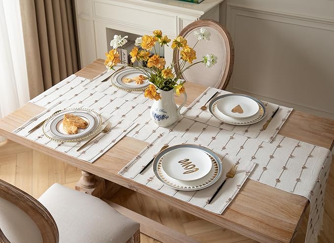 Boho Placemats Set of 4 for Dining Table Decor, Woven Cloth Place Mats for Farmhouse Rustic Kitche Home Decor, Cotton Placemats 13 x 19 Inch, Taupe and Beige Table mats