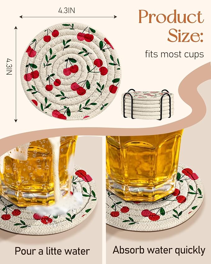 Cup Coasters for Drinks Absorbent - for Coffee Wooden Table Office Cute Farmhouse Outdoor Rustic Desk Kawaii Woven Women Kid Soft Cloth Braided Fabric Girly Cherry Coaster Set of 6 with Holder